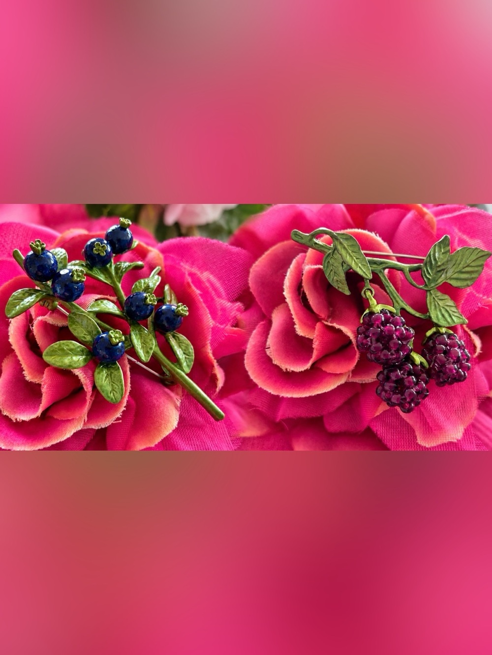 NWOT TWO (2) lovely beaded raspberry and grape 🍇 brooches.